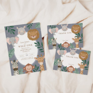 Wild One Boys' Jungle Safari Blue Birthday Thank You Card