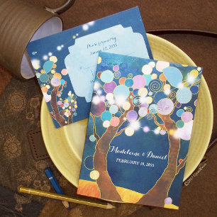 String Lights Love Trees Teal Wedding Invitation