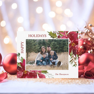 Christmas Watercolor Red Poinsettia Holly Berry Return Address Label