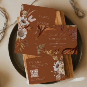 Modern White Terracotta Flowers Boho Fall Wedding Invitation