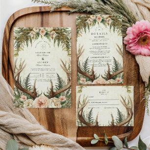 Rustic Antler Woodland Floral Wedding Invitation