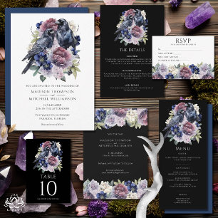 Watercolor Ravens Gothic Purple Floral Wedding Menu