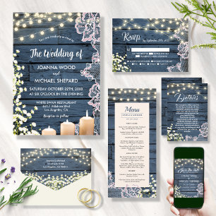 Lights Baby's Breath & Lace Navy Blue Wood Wedding Invitation