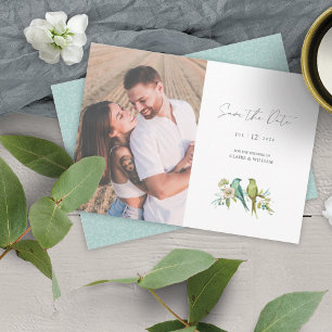 Blue Green Birds Botanical Watercolor Wedding Invitation