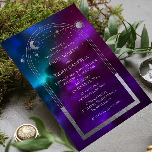 Cosmic Purple Teal Silver Sun Moon Wedding All In One Invitation