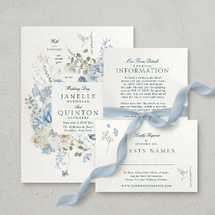 Elegant Blue Florals Faux Handmade Paper Wedding Invitation