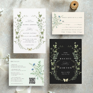 Black Elegant Wildflower Watercolor Wedding Photo Save The Date