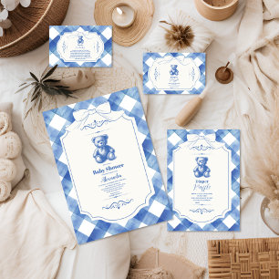 Bow Gingham French Teddy Bear Baby Shower Invitation