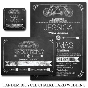 Tandem Bicycle Chalkboard Typography Wedding Invitation