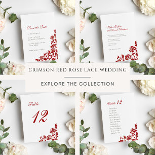 Classic, Crimson Red Rose Lace Wedding Table Number