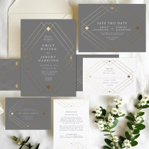 Gold Diamond Grey Geometric Deco Gatsby Wedding Invitation