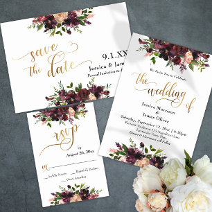Deep Red Burgundy Floral Gold The Wedding of Invitation