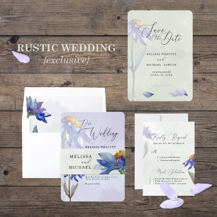 Watercolor Purple Blue Gerbera Daisy Wedding Invitation