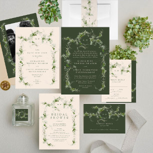 Eucalyptus Green Wreath   Cream Monogram Wedding Invitation