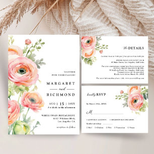 Blush Pink Ranunculus Floral Wedding RSVP Card