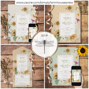 Vintage Summer Sunflower Cream No Dinner All In One Invitation