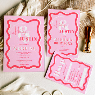 Retro pink red curve squiggle wavy wedding photo invitation