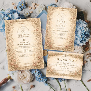 Vintage Antique Wildflower Botanical Wedding Save The Date