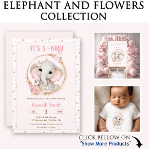Girl Cute Pink Elephant and Flowers Baby Shower Invitation