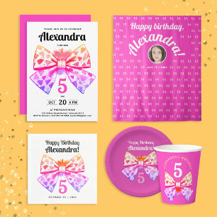 Whimsical Fun Girly Pink Colourful Bow Watercolor Paper Plate