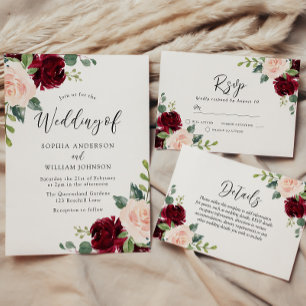 Blush Pink & Burgundy Red Floral Wedding Invitation