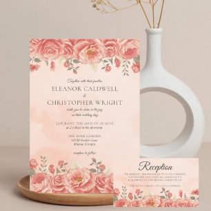 Vintage Coral Roses Watercolor Peach Boho Wedding Invitation