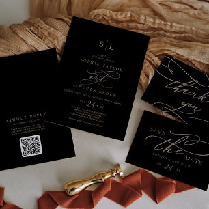 Romantic Gold Calligraphy   Black Monogram Wedding Invitation