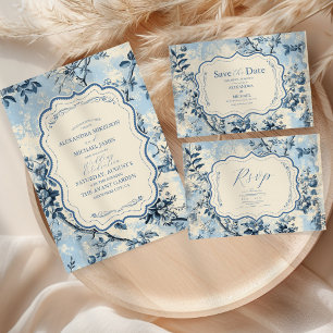 Elegant Blue Toile De Jouy  Wedding Save The Date