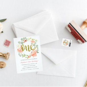 3rd Birthday Pink Gold Floral Wreath Invitation