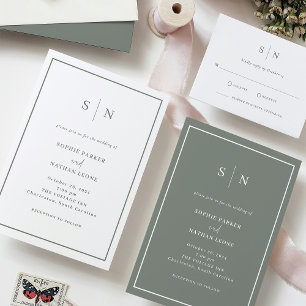 Minimal Chic   White and Sage Green Border Wedding Invitation
