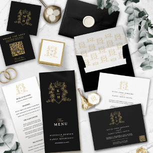 Black gold white photo crown monogram wedding Tri-Fold programme
