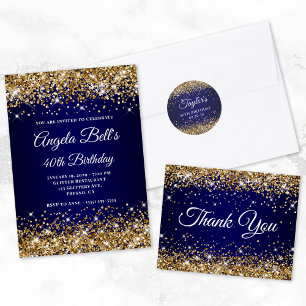Gold Glitter Navy Blue Monogram 40th Birthday Invitation