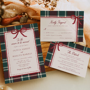 Burgundy Green Plaid Christmas Bow Wedding Save The Date