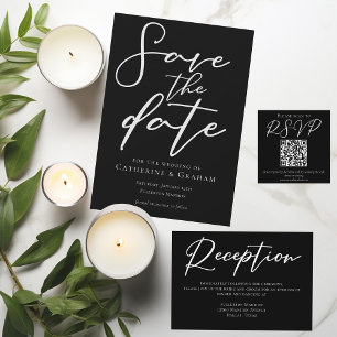 Simple Black White Typography QR Code Wedding RSVP Enclosure Card