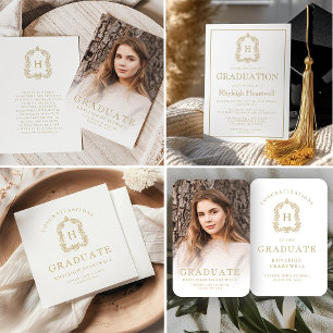 Monogram Gold White Photo Graduation Announcement