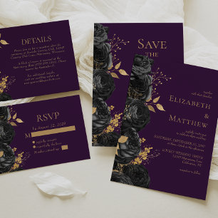 Black Gold Purple Floral Save the Date Announcement