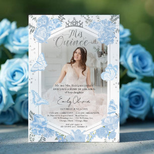 Mis Quince Invitation Bilingual Dusty Blue Dress
