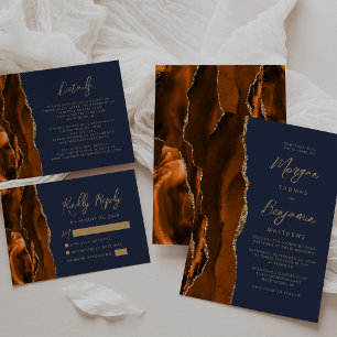 Burnt Orange Agate Navy Blue Modern Script Wedding Invitation