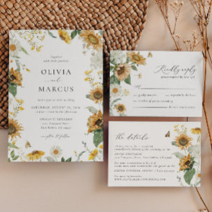Boho Sunflower Golden Rays Floral Elegant Wedding Invitation