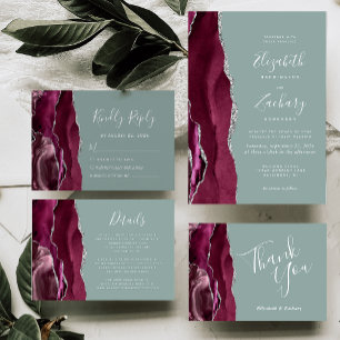 Modern Burgundy Silver Agate Sage Green Wedding Invitation