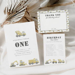 Construction Truck Vehicles Boys 1st Birthday Invitation