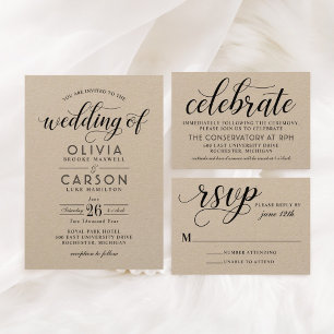 Modern Kraft and Black Script Wedding Invitation