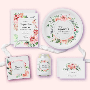 90th Birthday Elegant Pink Rose Floral Can Cooler