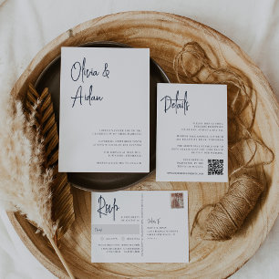 Modern Navy Handwritten Wedding Meal Choice RSVP Postcard