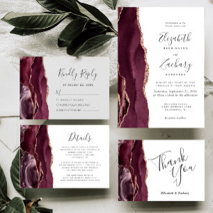Modern Burgundy Rose Gold Agate Wedding Invitation
