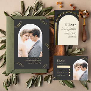 Golden Wisps Two Photo Emerald Green Wedding Invitation