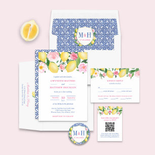 Positano Lemons Blue Tiles Pink Wedding Monogram Square Sticker