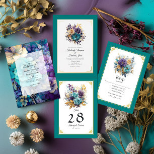 Teal, Purple, and Gold Floral Wedding Invitation
