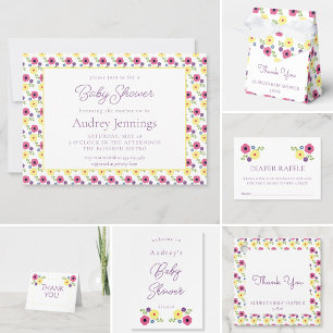 Bright Pink Yellow Purple Floral Baby Girl Shower Invitation