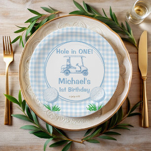 Hole in one blue gingham golf 1st birthday party invitation